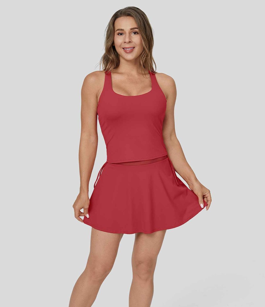 Kleider HALARA | Armelloses, Ruckenfreies, Kreuz Und Quer Verlaufendes Kordelzug-Kontrast-Mesh-2-In-1-Mini-Tenniskleid Mit Seitentaschen