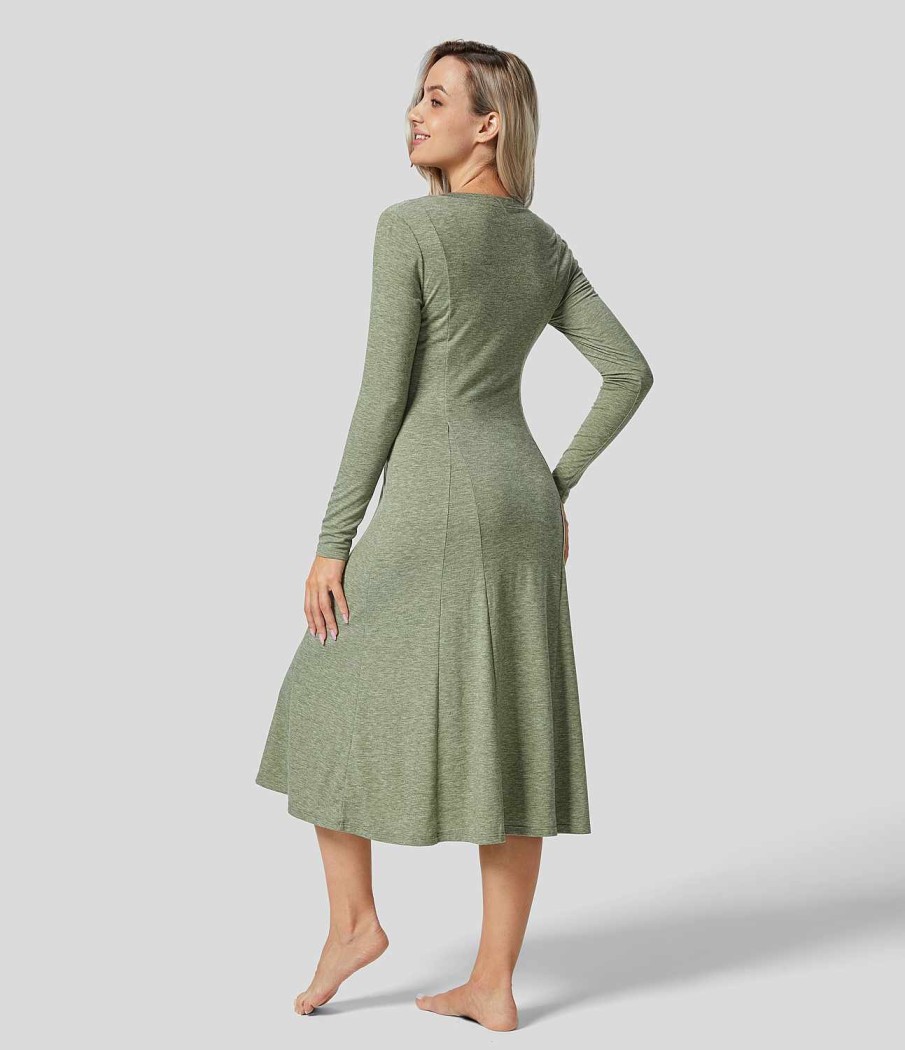 Kleider HALARA | Rundhals-Knopf-Langarm-Flare-Midi-Freizeitkleid