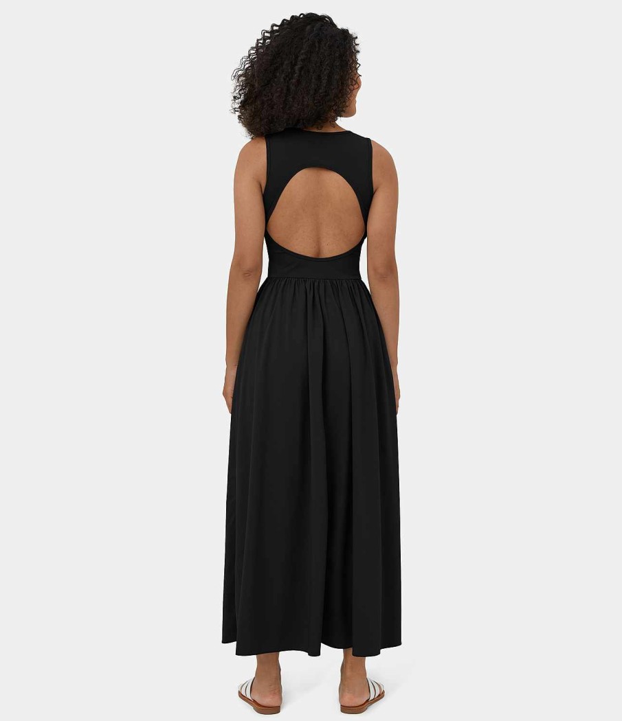 Kleider HALARA | Breezeful Armelloses, Ruckenfreies, Ausgeschnittenes, Fliesendes Maxi-Freizeitkleid Mit Seitentaschen