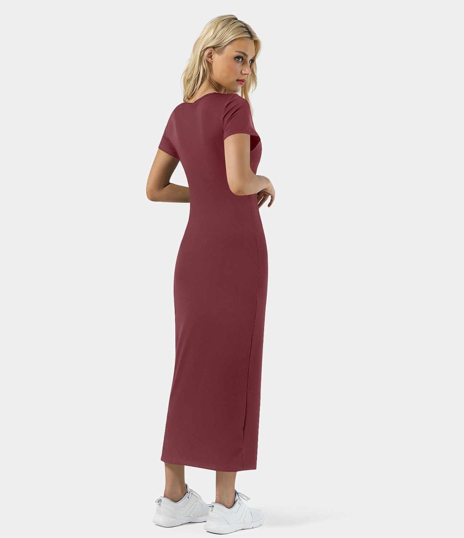 Kleider HALARA | Midi-Chill-Kleid Aus Rippstrick Mit V-Ausschnitt Und Knopfen Und Schlitzen