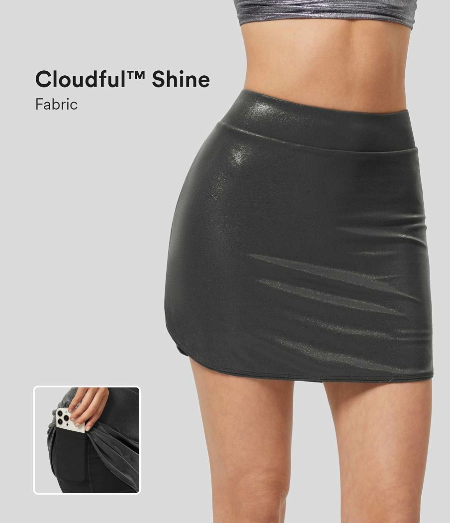 Rocke Und Skorts HALARA | Hoch Taillierter 2-In-1-Seitentaschen-Rock Aus Cloudful Shine-Stoff Mit Gebogenem Saum, Metallic-Foliendruck, Dehnbarer, Figurbetonter Mini-Partyrock Aus Kunstleder