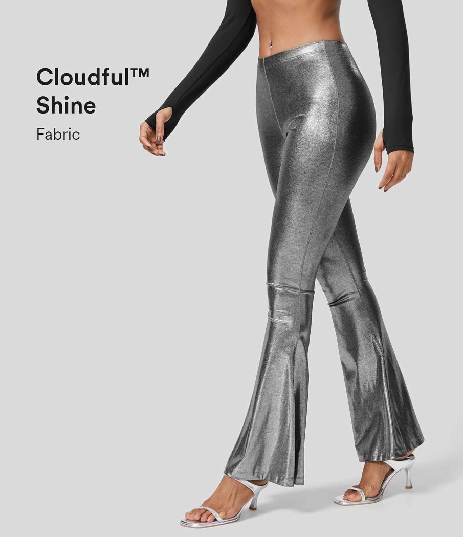 Leggings HALARA | Cloudful Shine Fabric Mid-Rise-Leggings In Voller Lange Mit Metallic-Foliendruck, Dehnbare Party-Flare-Leggings Aus Kunstleder