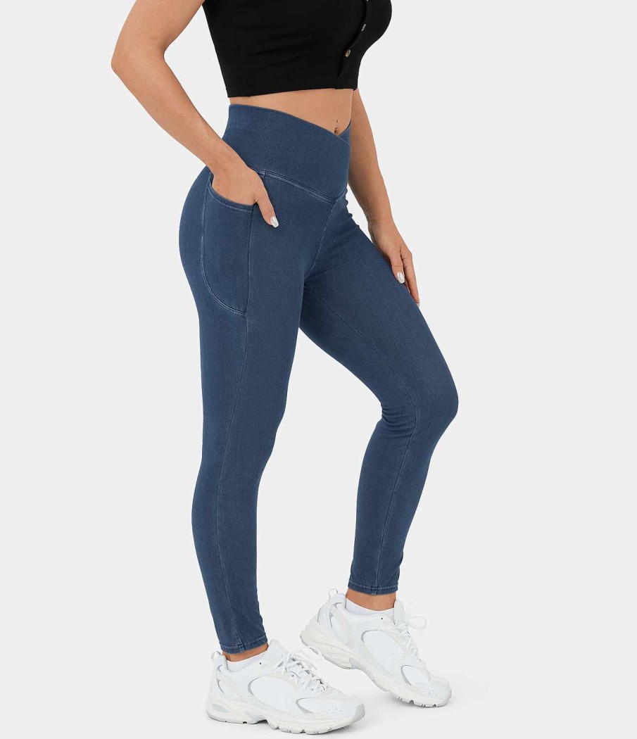 Denim HALARA | Lassige Leggings Aus Atmungsaktivem, Gewaschenem, Dehnbarem Denim Mit Uberkreuzten Taschen Von Halaramagic