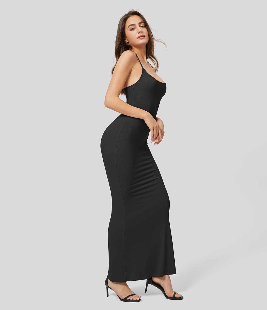 Kleider HALARA | Geripptes, Ruckenfreies, Uberkreuztes, Tropfenformiges, Figurbetontes Maxi-Casual-Slip-Kleid