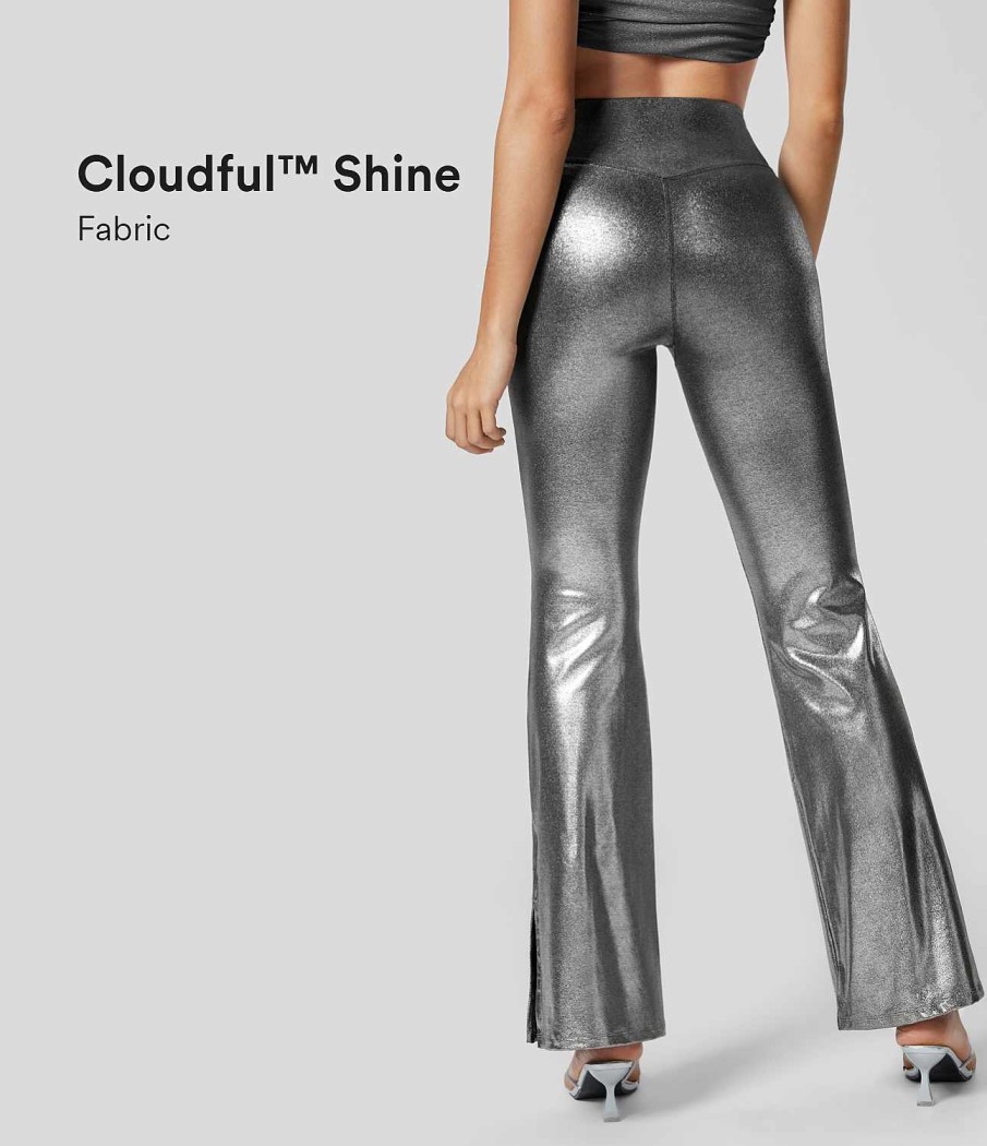 Rocke Und Skorts HALARA | Cloudful Shine Fabric Crossover-Leggings Mit Hoher Taille Und Seitentasche, Geteiltem Saum, Durchgehender Metallic-Foliendruck, Dehnbare Party-Flare-Leggings Aus Kunstleder