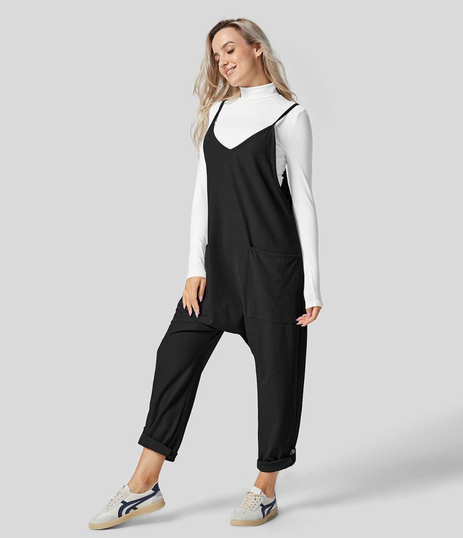 Kleidung HALARA Jumpsuits | Lassiger Overall Mit Spaghettitragern Und Vordertasche, Verstellbar, Aufrollbare Beine, Waffelmuster