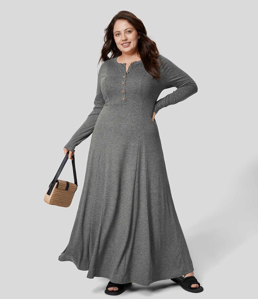 Plus + Kurve HALARA | Rundhals-Knopf-Langarm-Flare-Maxi-Freizeitkleid In Ubergrose