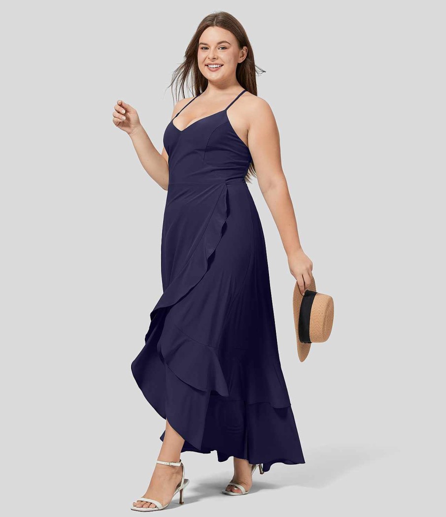 Plus + Kurve HALARA | Breezeful Ruckenfreies, Uberkreuztes, Schnurbares, Seitliches Reisverschluss-Ruschen-Maxikleid Mit Geteiltem Saum, Schnell Trocknendes, Lassiges Plus-Size-Kleid