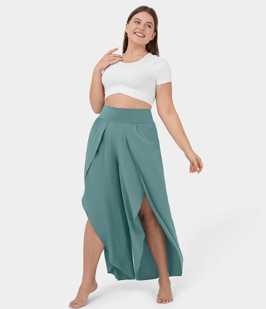 Plus + Kurve HALARA | Breezeful Hoch Taillierte Palazzo-Hose Mit Tasche Am Hinteren Bund, Fliesende, Geteilte, Weit Geschnittene, Schnell Trocknende, Lassige Hose In Ubergrose