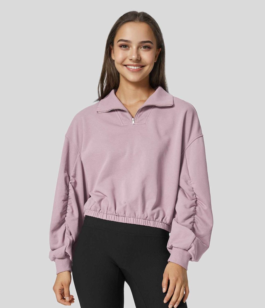 Oberteile HALARA | Sport-Sweatshirt Aus Baumwolle Mit Trichterkragen Und Halbem Reisverschluss, Geruscht Und Langarmlig