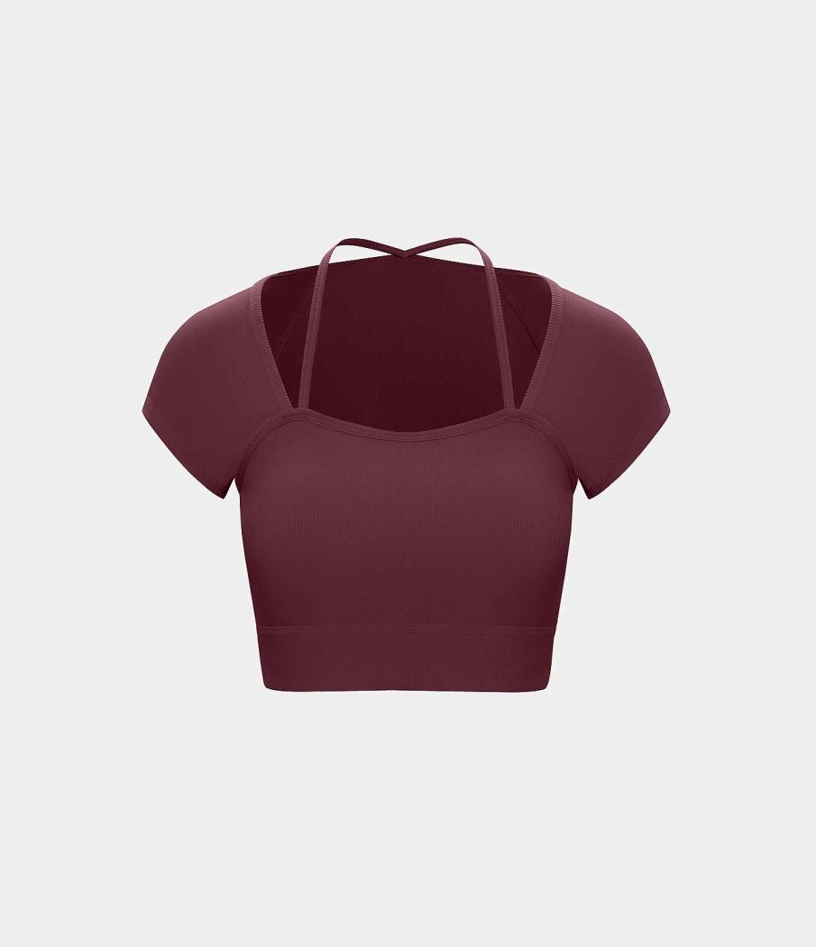 Kleidung HALARA Cropped Tops | Geripptes, Kurzarmliges, Kurzarmliges Yoga-Sportoberteil Mit Neckholder