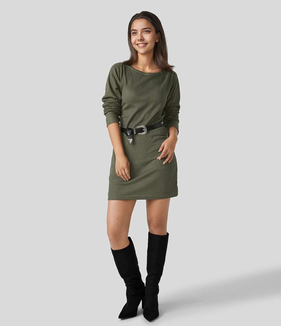 Oberteile HALARA | Lassiges Sweatshirt-Kleid Mit U-Boot-Ausschnitt, Raglanarmeln, Daumenloch, Geteiltem Saum Und Waffelmuster