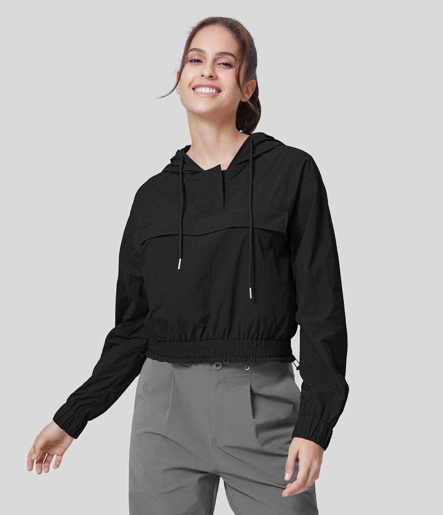 Oberteile HALARA | Wasserdichtes Kapuzenpullover Mit Kordelzug Und Knopf, Lange Armel, Tasche, Verstellbarer Saum, Wandersport-Sweatshirt