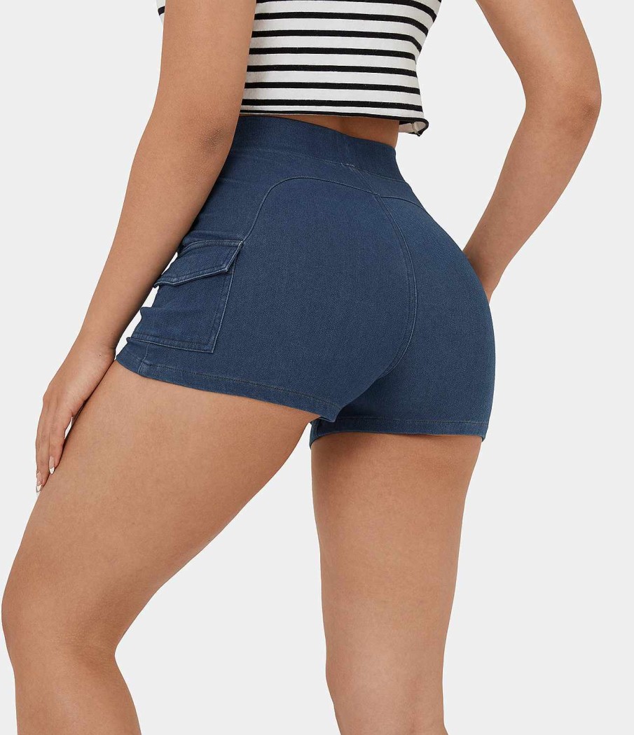 Denim HALARA | Halaramagic Freizeit-Shorts Aus Denim Mit Hoher Taille Und Mehreren Taschen, Cool Touch, Atmungsaktiv, Gewaschen, Dehnbar, 2,5 Zoll