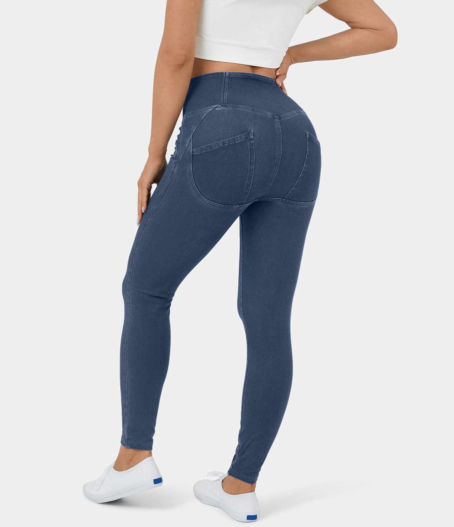 Denim HALARA | Halaramagic Lassige Leggings Aus Hoch Tailliertem, Geknopftem Po-Lifting-Denim Mit Coolem Touch, Atmungsaktiv, Gewaschen, Dehnbar