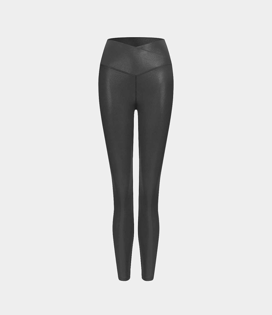 Rocke Und Skorts HALARA | Cloudful Shine Fabric Crossover Back Pocket Foliendruck Dehnbare, Lassige Kunstleder-Leggings