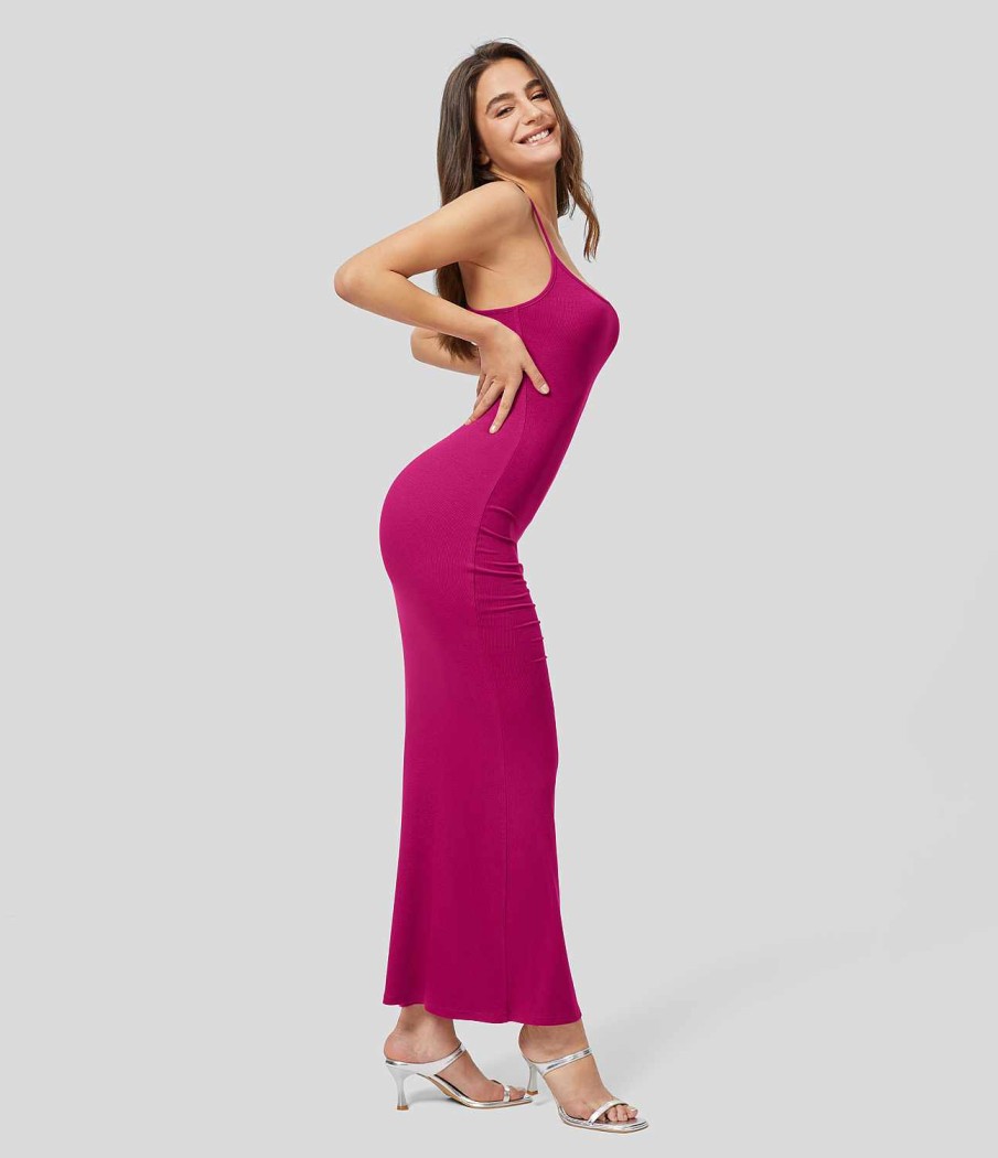 Kleider HALARA | Geripptes, Ruckenfreies, Uberkreuztes, Tropfenformiges, Figurbetontes Maxi-Casual-Slip-Kleid