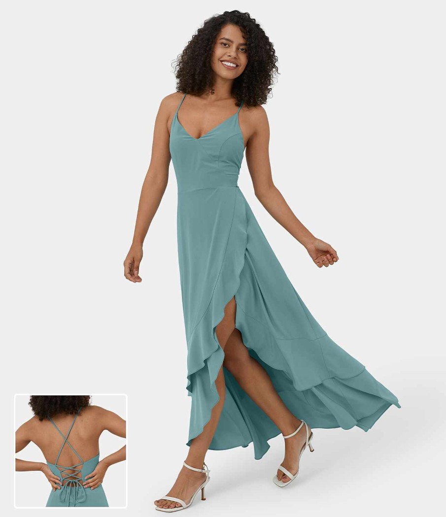 Kleider HALARA | Breezeful Ruckenfreies, Uberkreuztes, Schnurbares Maxi-Freizeitkleid Mit Seitlichem Reisverschluss Und Ruschen Und Geteiltem Saum