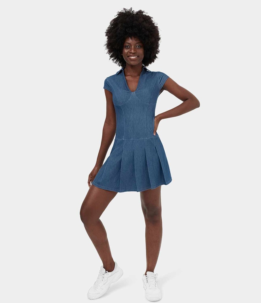 Denim HALARA | Halaramagic Mini-Freizeitkleid Aus Dehnbarem Denim-Strick Mit Kragen Und Tiefem V-Ausschnitt