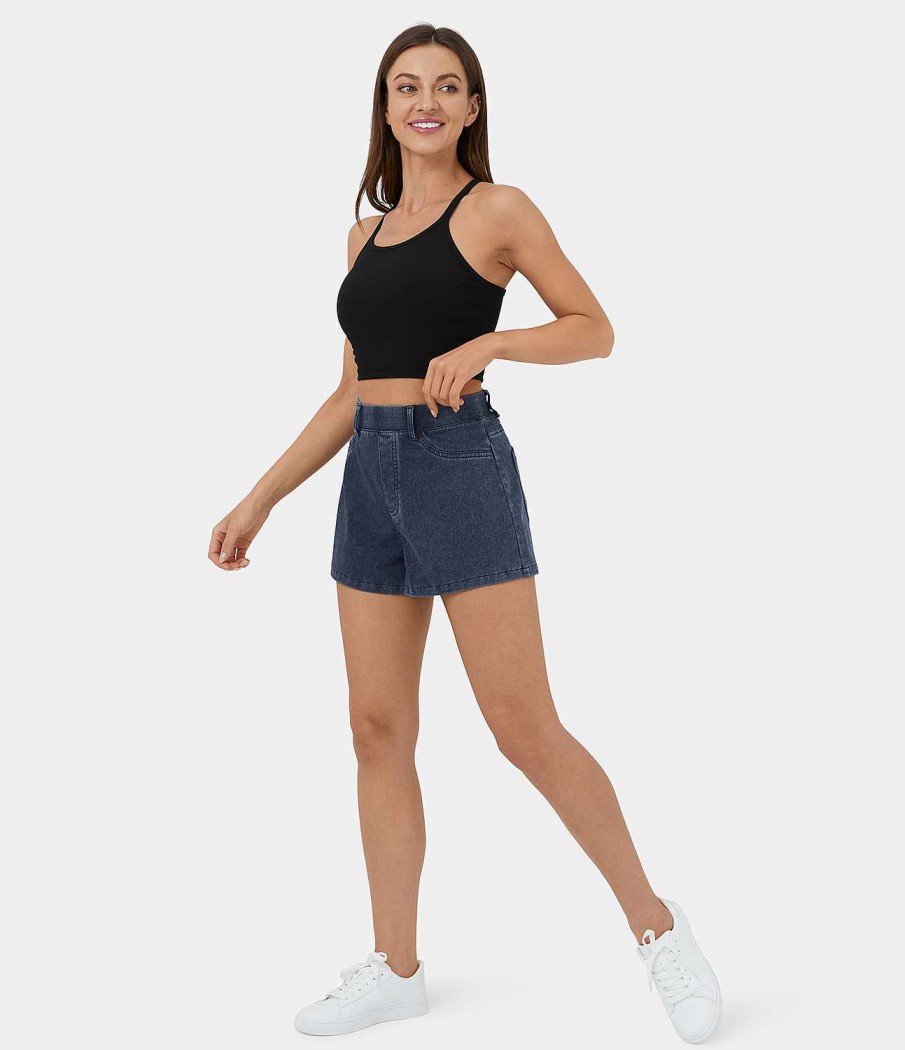 Denim HALARA | Halaramagic Freizeitshorts Aus Elastischem Strickdenim Mit Hoher Taille Und Seitentasche Auf Der Ruckseite, 2,5 Zoll