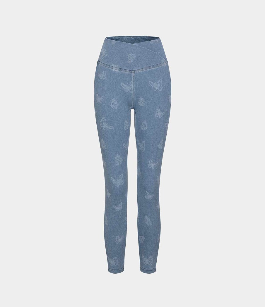 Denim HALARA | Halaramagic Lassige 7/8-Leggings Aus Elastischem Strick-Denim Mit Hoher Taille, Uberkreuzten Seitentaschen Und Schmetterlingsdruck