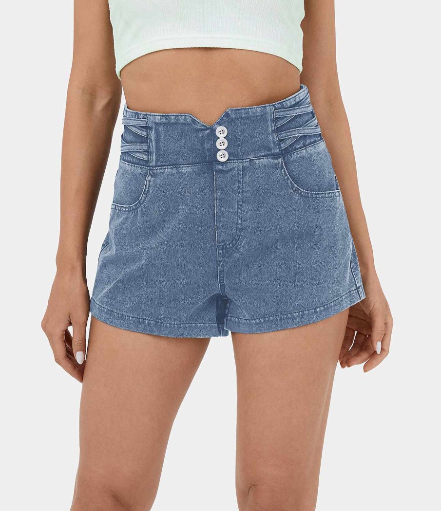 Denim HALARA | Halaramagic Hoch Taillierter, V-Formiger Bund, Uberkreuzte Knopftaschen, Cool Touch, Atmungsaktiv, Gewaschener, Dehnbarer Strick-Denim, Lassige Shorts, 6,3 Cm (2,5 Zoll)