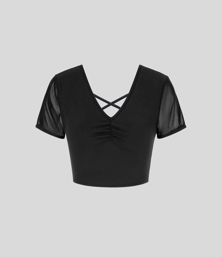 Kleidung HALARA Sportoberteile | Cloudful -Stoff, V-Ausschnitt, Geruscht, Ruckenfrei, Crossover-Kontrast-Mesh, Kurzes, Lassiges Sport-Top