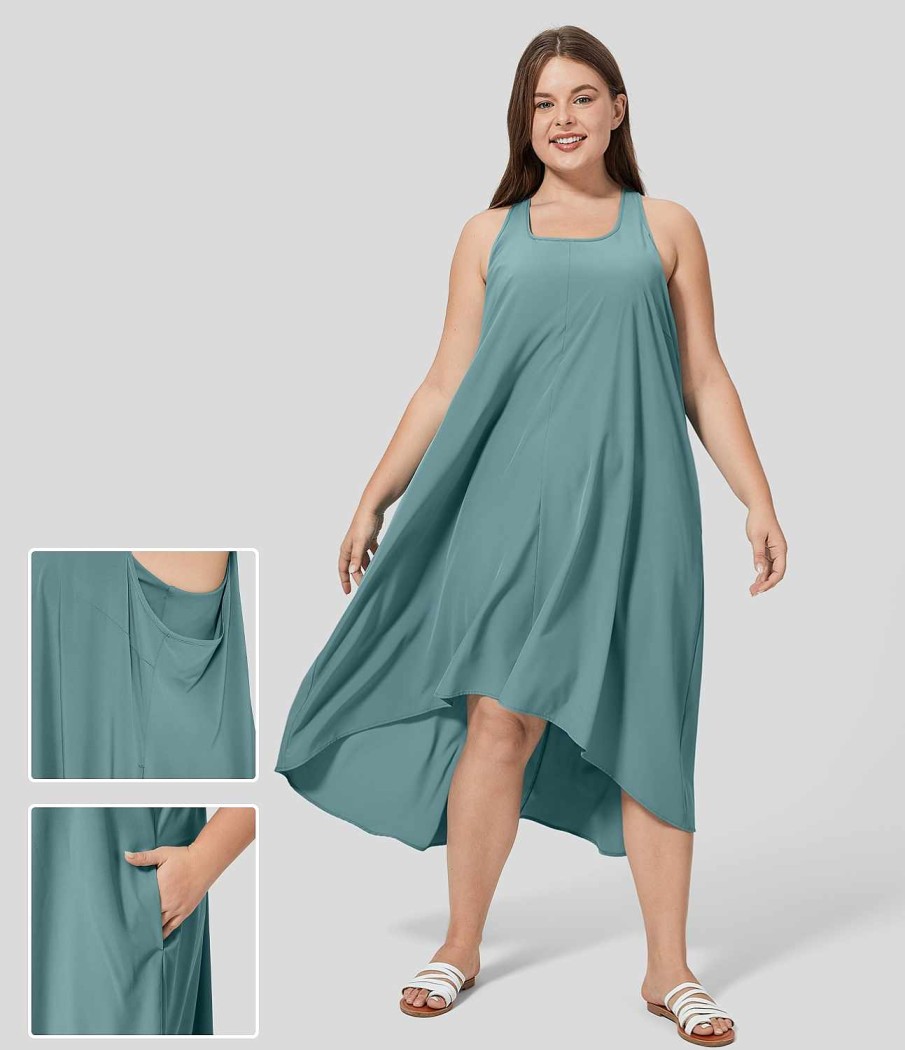 Plus + Kurve HALARA | Breezeful Ruckenfreies Racerback-Kleid Mit Seitentaschen, Hoch, Tief, Fliesend, Schnell Trocknend, Lassiges Midi-Kleid In Ubergrose