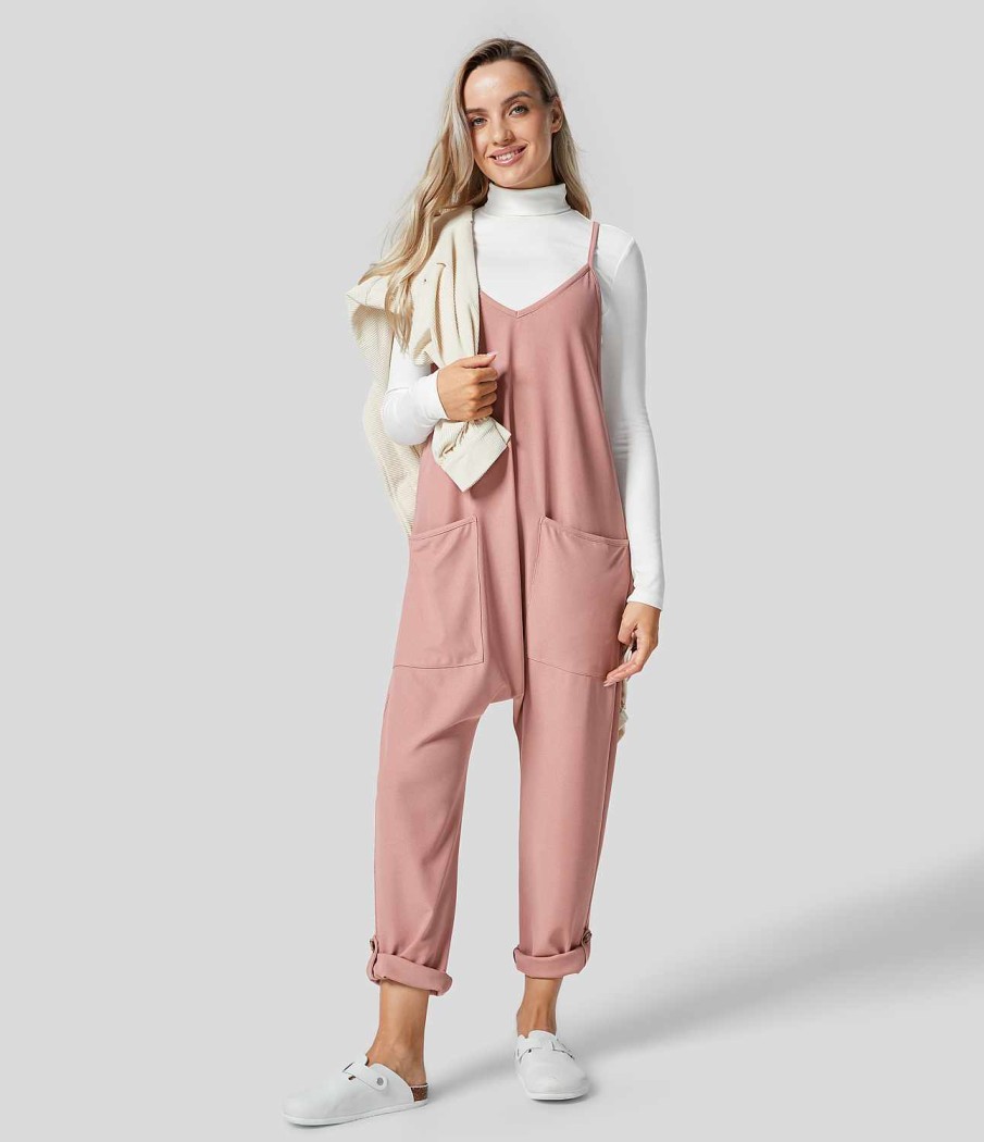 Kleidung HALARA Jumpsuits | Lassiger Overall Mit Spaghettitragern Und Vordertasche, Verstellbar, Aufrollbare Beine, Waffelmuster