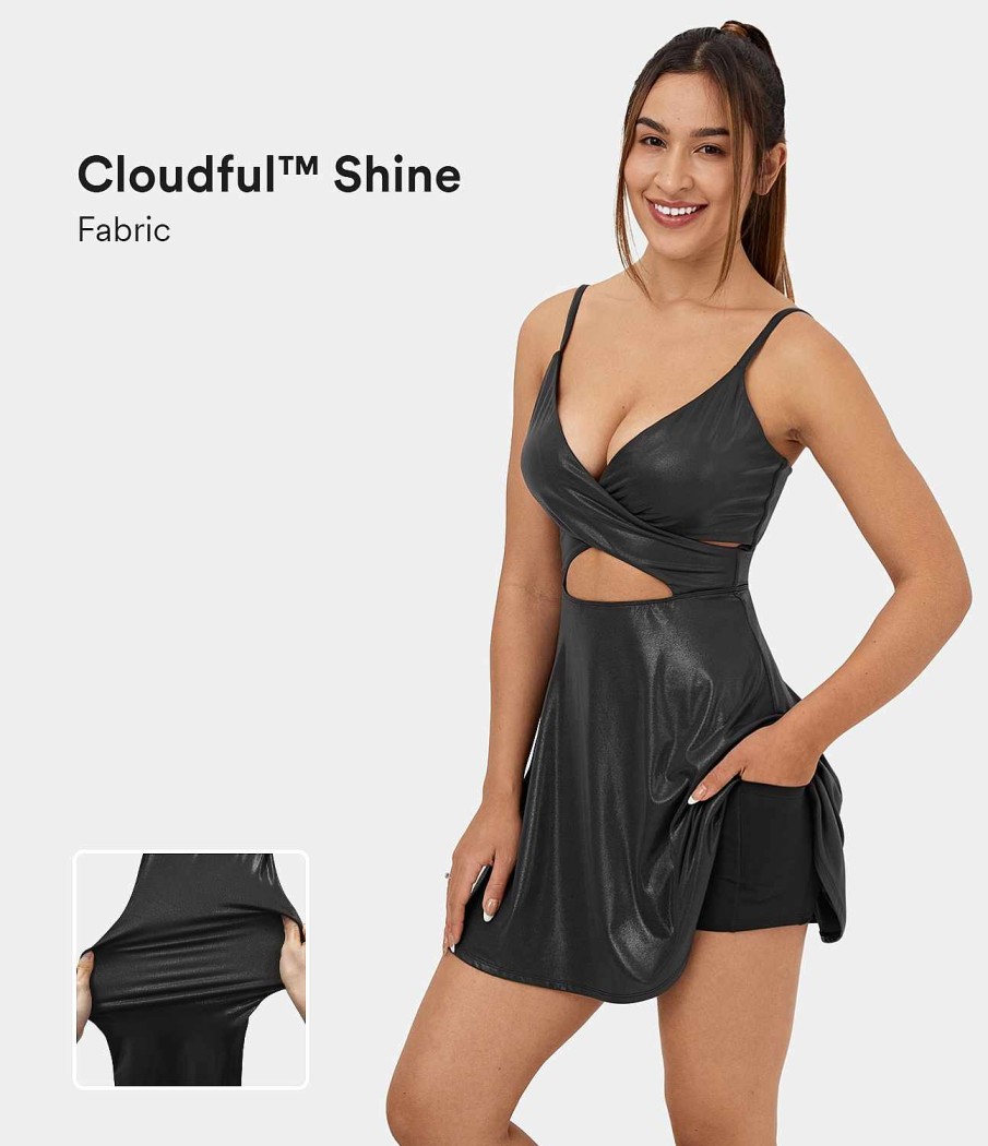 Rocke Und Skorts HALARA | Cloudful Shine Fabric V-Ausschnitt, Crossover-Ausschnitt, Ruckenfrei, 2-Teiliges Seitentaschen-Folienmuster, Dehnbares, Lassiges Minikleid Aus Kunstleder