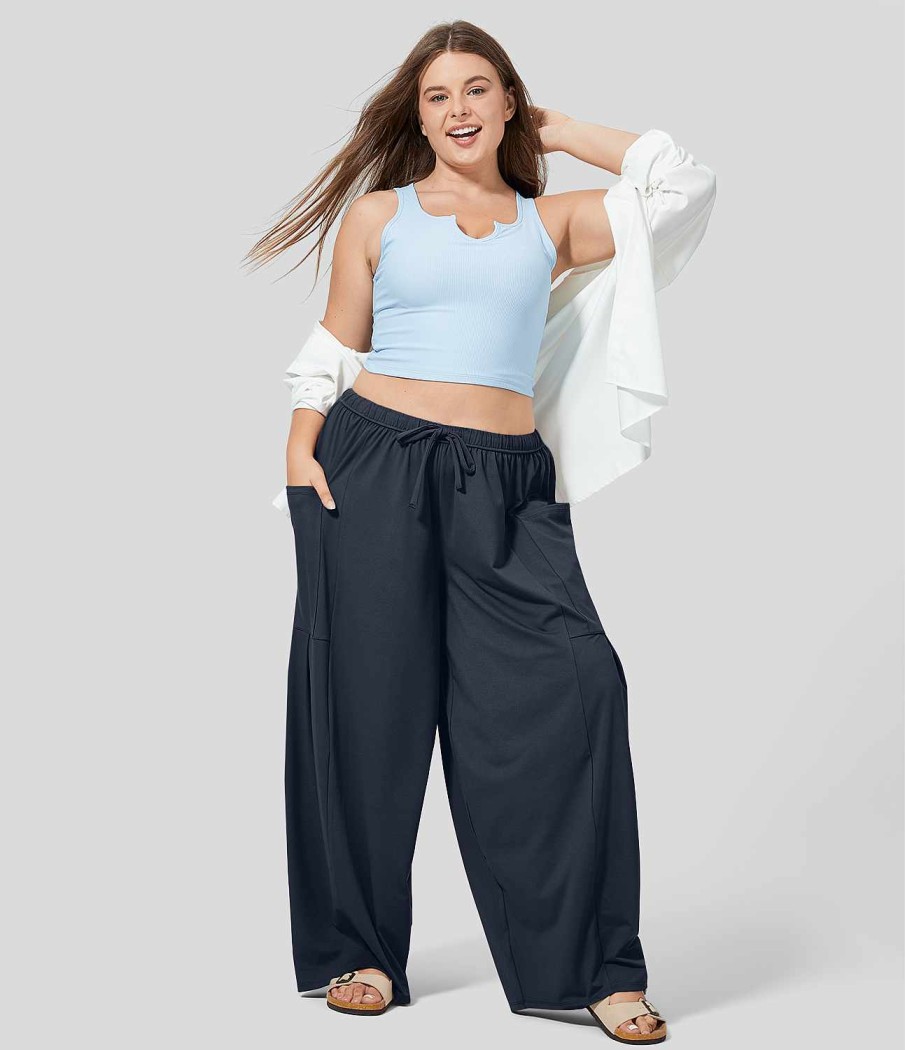 Plus + Kurve HALARA | Mittelhohe, Elastische Taille, Kordelzug, Seitentasche, Palazzo, Fliesende, Weite Beine, Lassige Plus-Size-Hose