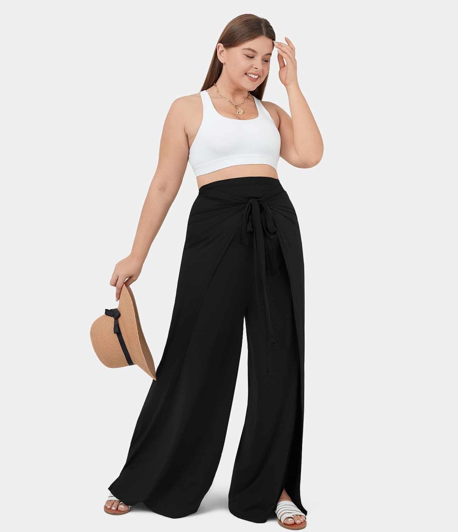 Jogginghosen Und Hosen HALARA | Hoch Taillierte, Vorne Gebundene, Geschlitzte Palazzo-Hose Mit Weitem Bein, Fliesende, Lassige Plus-Size-Hose