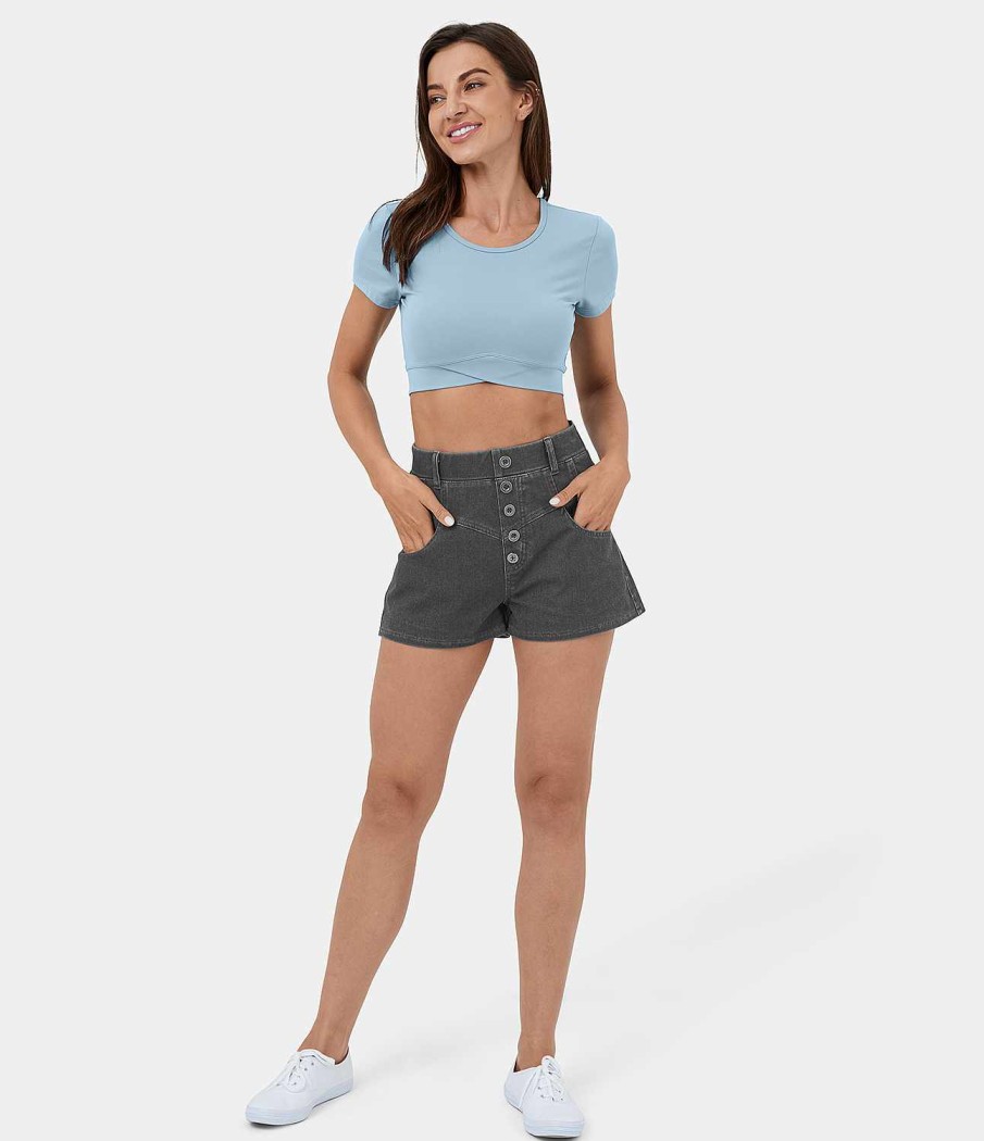 Denim HALARA | Halaramagic Freizeitshorts Aus Atmungsaktivem, Gewaschenem, Dehnbarem Strickdenim Mit Hoher Taille Und Knopfleiste Und Seitentasche. Cool Touch