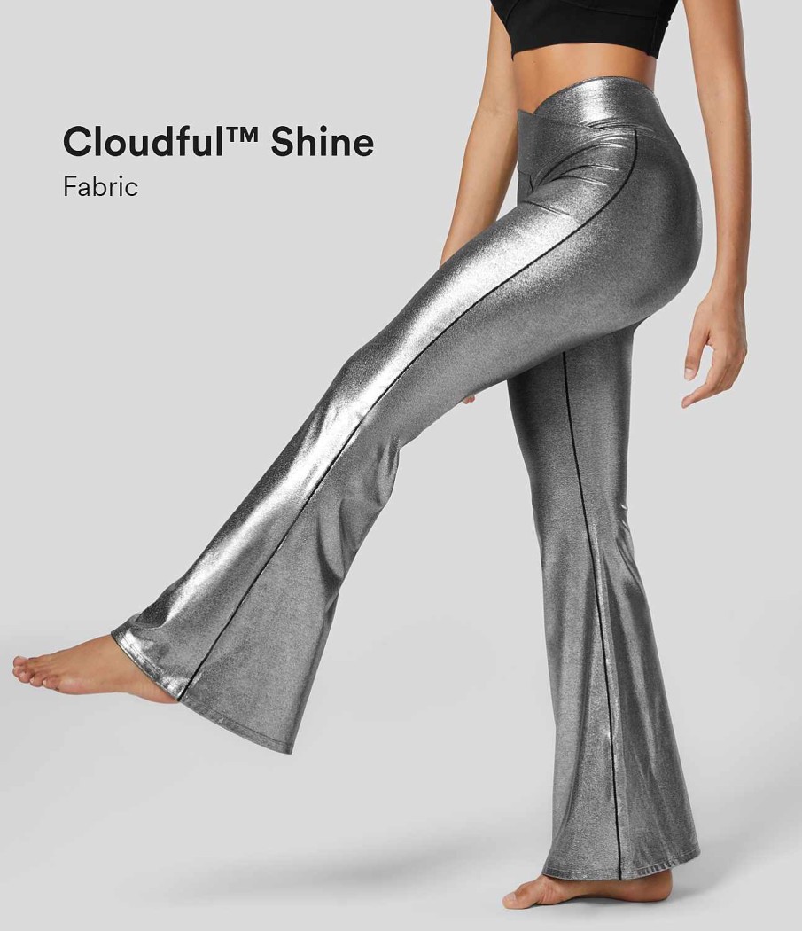 Rocke Und Skorts HALARA | Cloudful Shine Fabric Crossover-Leggings Mit Hoher Taille Und Gesastasche, Durchgehender Metallic-Foliendruck, Dehnbare Party-Flare-Leggings Aus Kunstleder