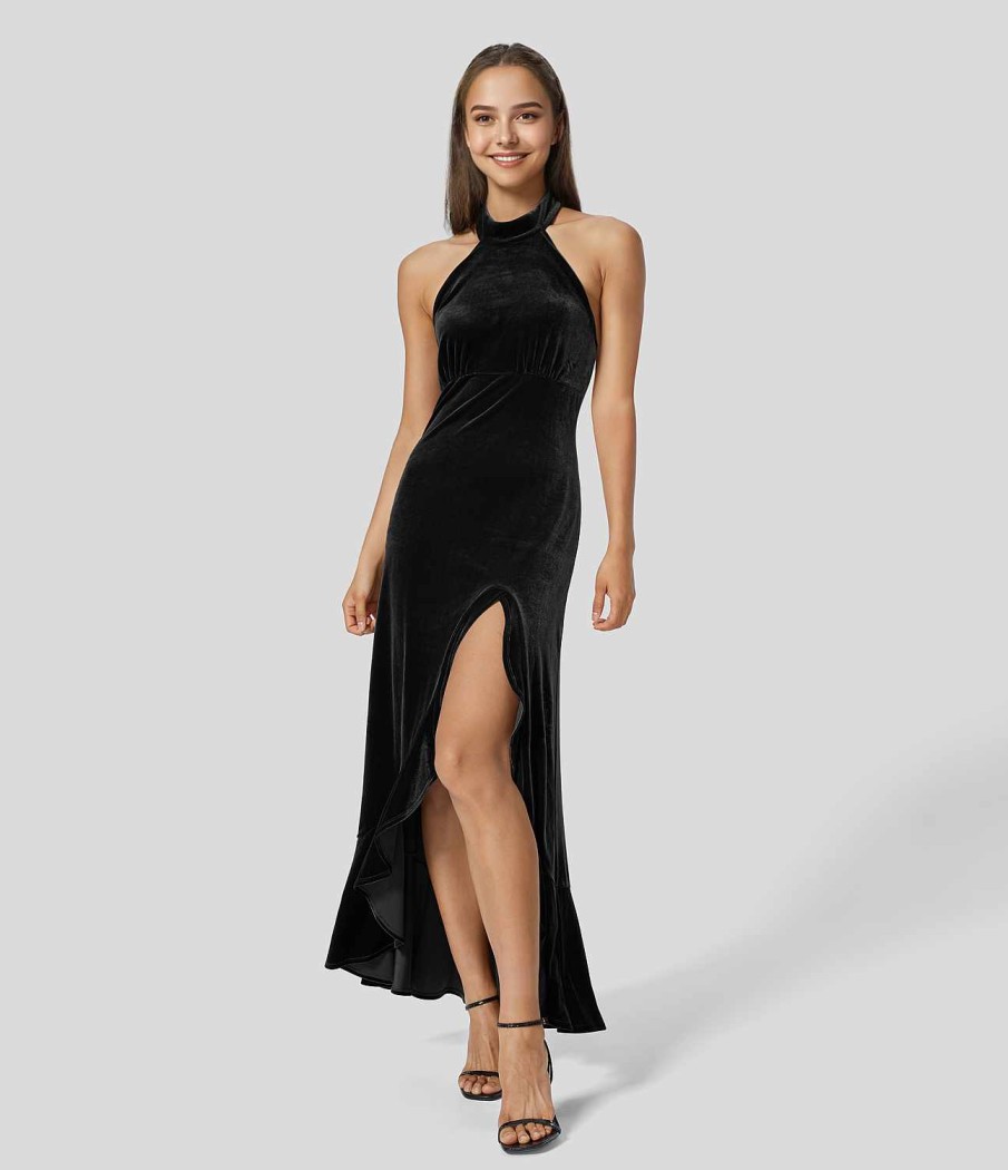 Kleider HALARA | Neckholder, Ruckenfrei, Unsichtbarer Reisverschluss, Ruschensaum, Geteiltes Maxi-Partykleid Aus Samt