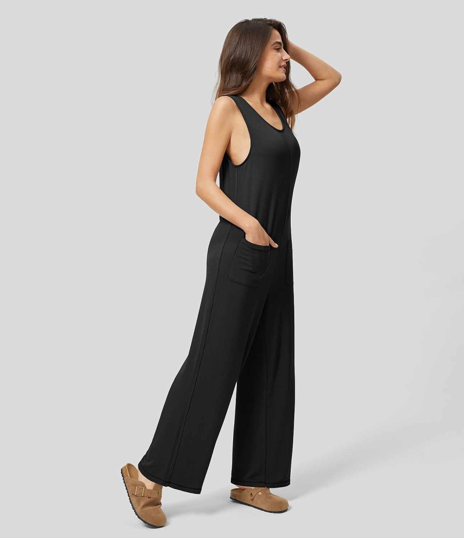 Kleidung HALARA Jumpsuits | Lassiger Overall Mit U-Ausschnitt, Armellosen Taschen Und Geradem Bein