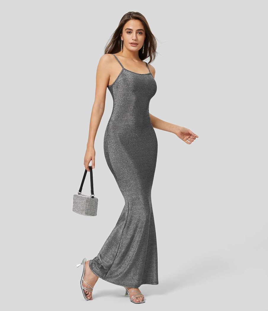 Kleider HALARA | Transparentes, Ruckenfreies, Figurbetontes Maxi-Slip-Partykleid Mit Verstellbaren Tragern In Metallic-Optik