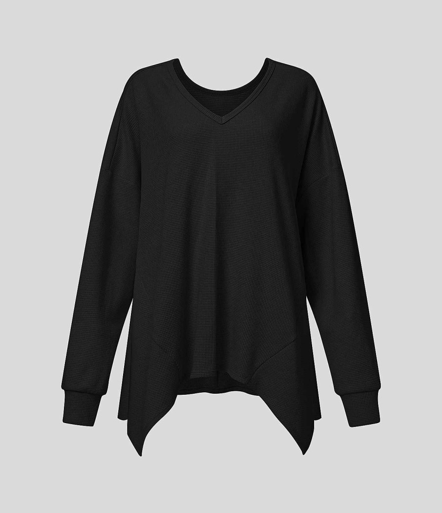 Oberteile HALARA | Lassiges Baumwoll-Sweatshirt Mit Ubergrose, V-Ausschnitt, Langen Armeln, Asymmetrischem Saum Und Waffelmuster