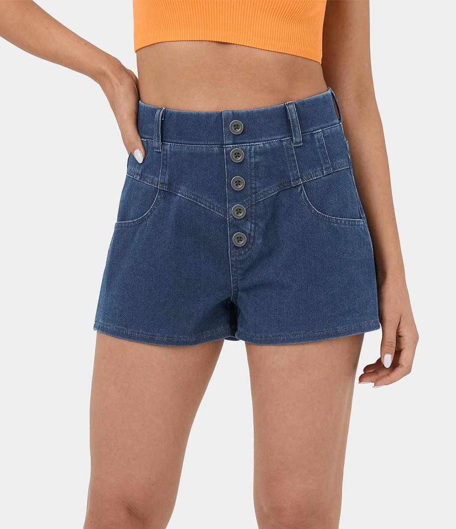 Denim HALARA | Halaramagic Freizeitshorts Aus Atmungsaktivem, Gewaschenem, Dehnbarem Strickdenim Mit Hoher Taille Und Knopfleiste Und Seitentasche. Cool Touch