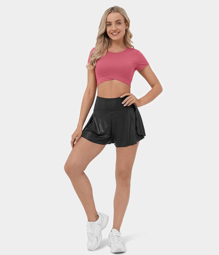 Rocke Und Skorts HALARA | Cloudful Shine Fabric Hoch Taillierte, Geteilte 2-In-1-Shorts Aus Dehnbarem, Kausalem Kunstleder Mit Foliendruck, 2,5''