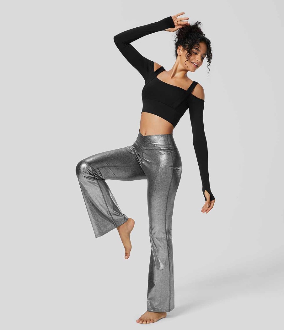 Rocke Und Skorts HALARA | Cloudful Shine Fabric Hoch Taillierte Crossover-Leggings In Voller Lange Mit Metallischem Foliendruck, Dehnbare Yoga-Kunstleder-Flare-Leggings