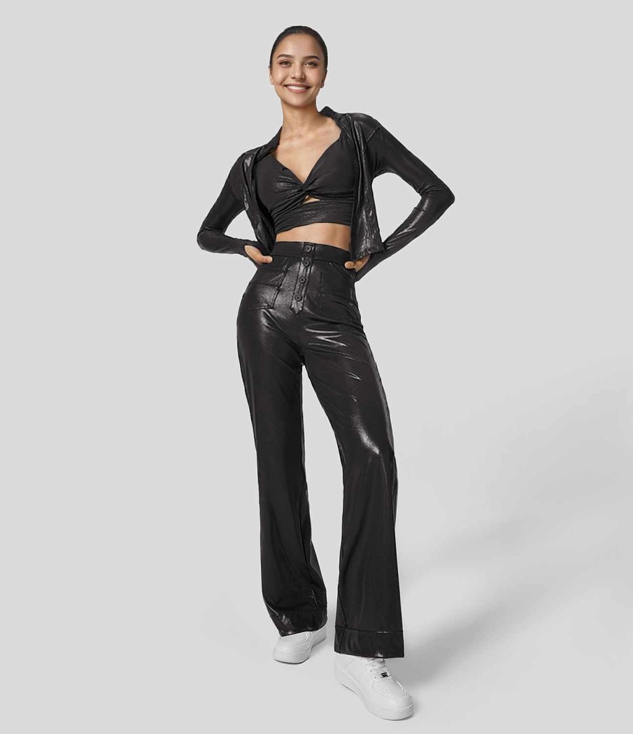 Rocke Und Skorts HALARA | Cloudful Shine Fabric-Hose Mit Hohem Bund Und Knopfen Und Mehreren Taschen, Metallic-Foliendruck, Dehnbare Party-Hose Aus Kunstleder Mit Geradem Bein