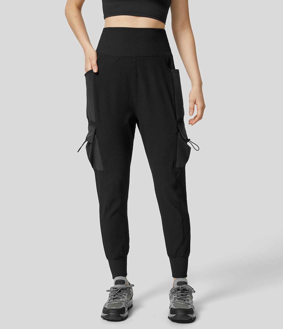 Jogginghosen Und Hosen HALARA | Gerippte Wander-Cargo-Jogginghose Mit Hoher Taille Und Kordelzugtasche